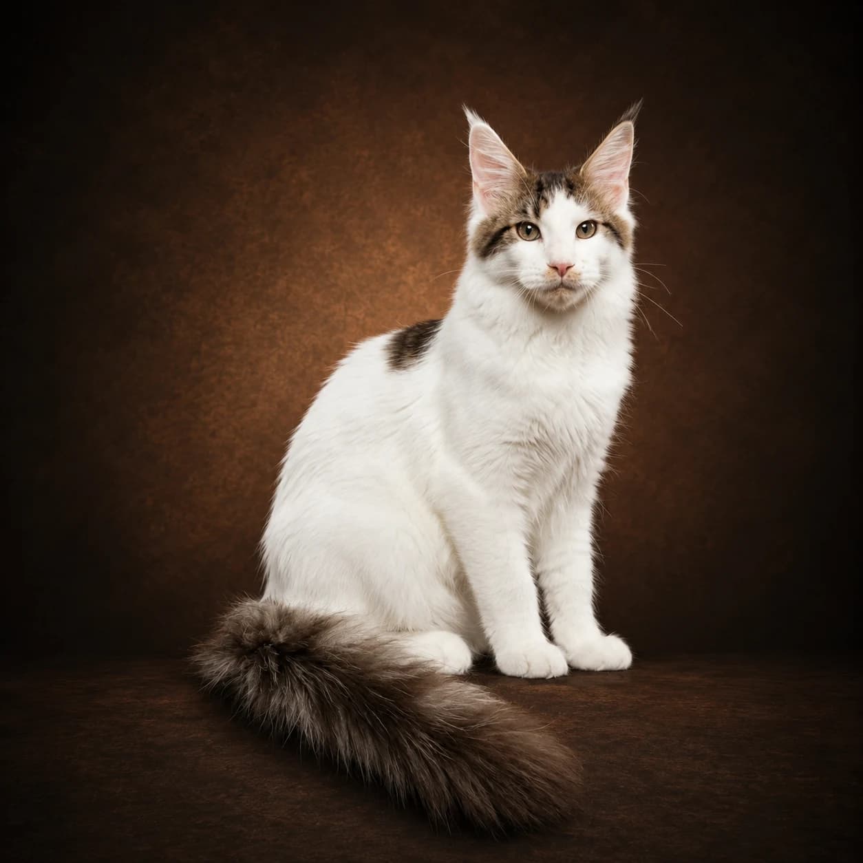 Studio portrait of Maine Coon kitten AFTAAR in luxury dark lighting