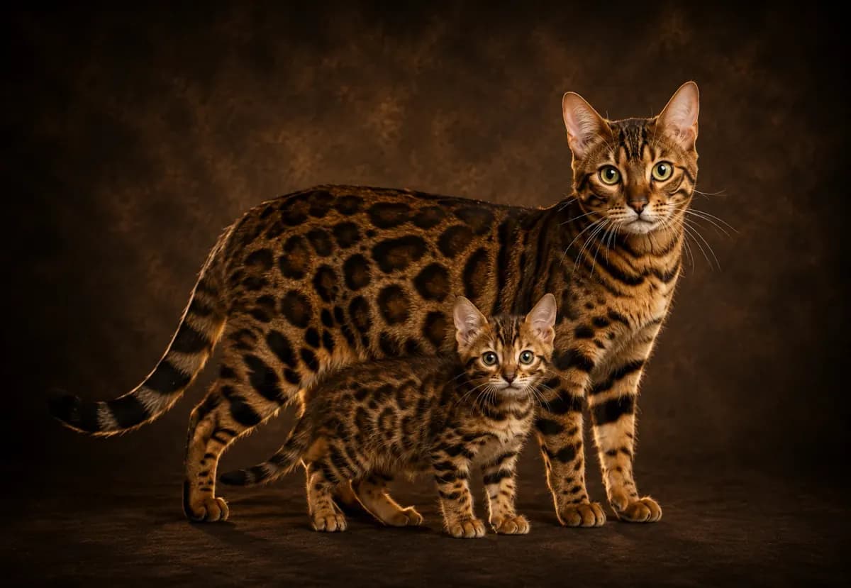 Adult Bengal with kitten in a premium studio portrait — showing the breed's athletic frame and signature rosettes