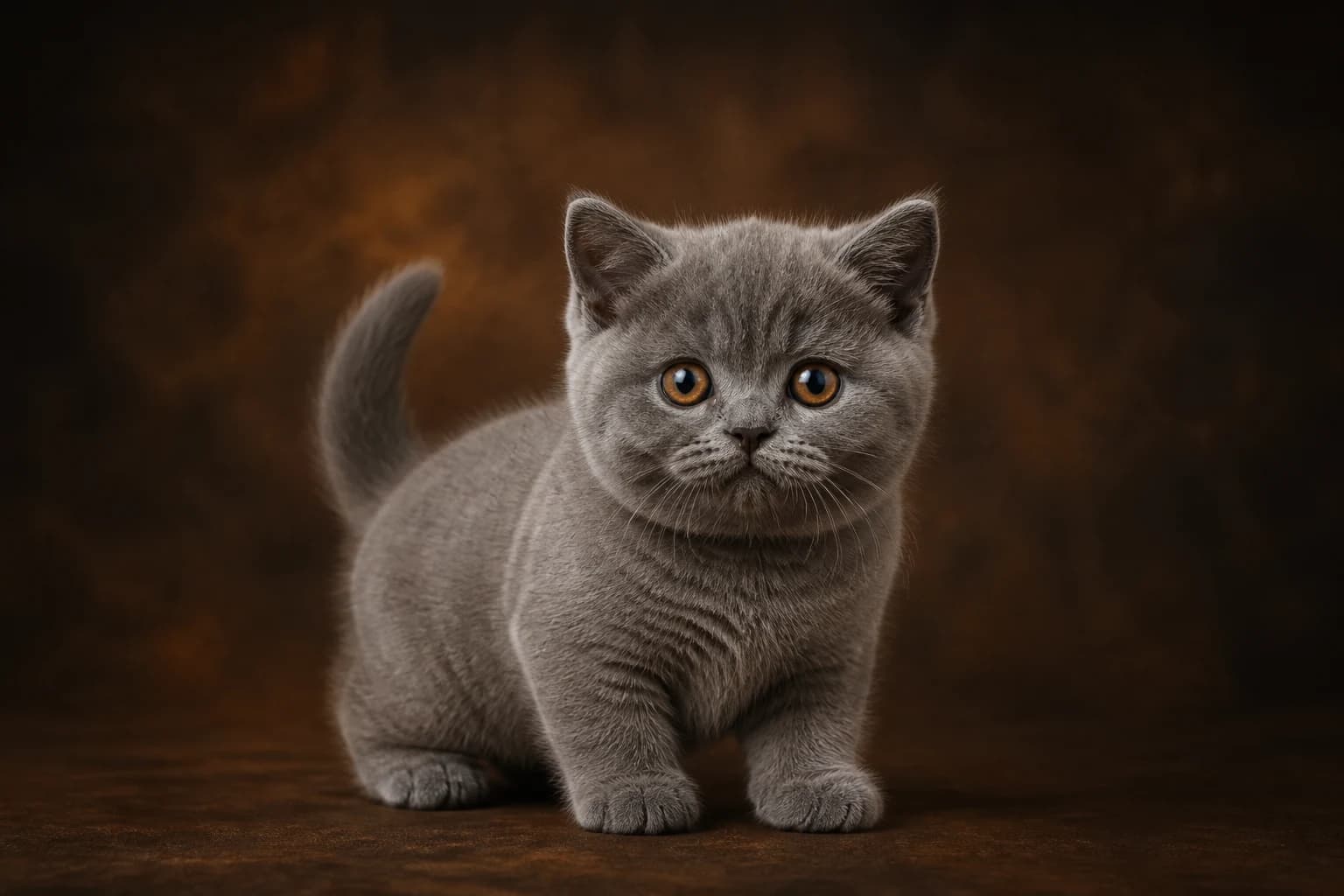 British Shorthair kitten in a premium studio portrait — compact build, round face and plush blue-grey coat