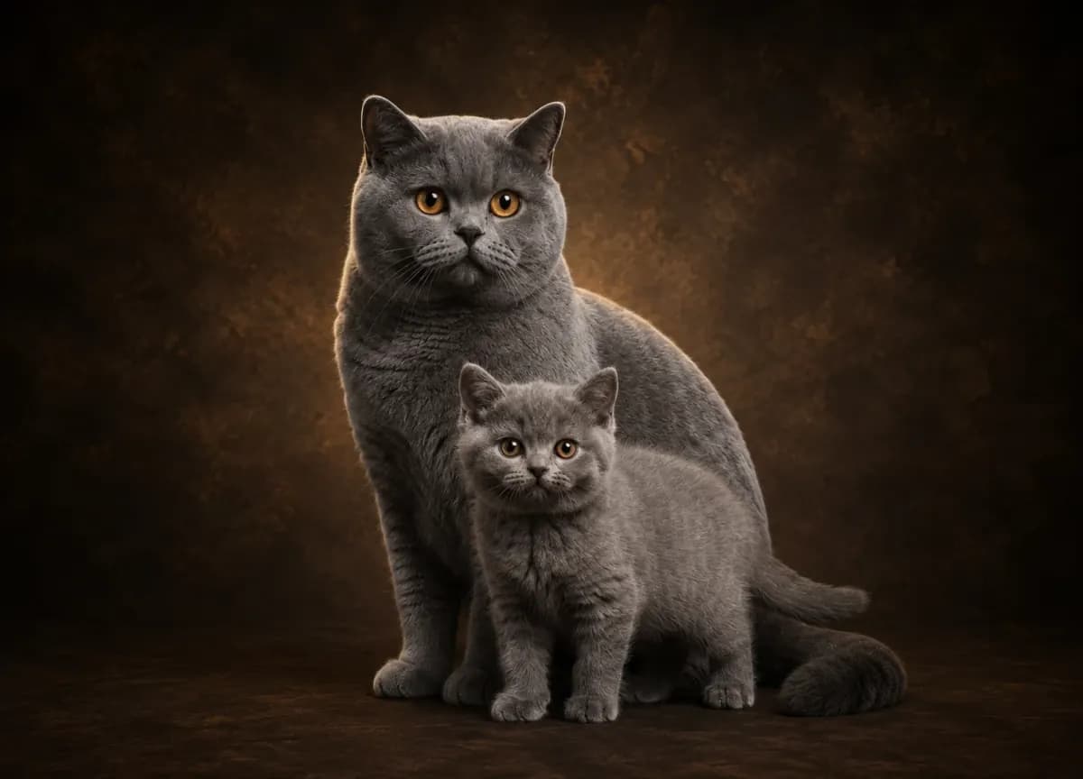 Adult British Shorthair with kitten in a premium studio portrait — showing the breed's compact build and plush coat