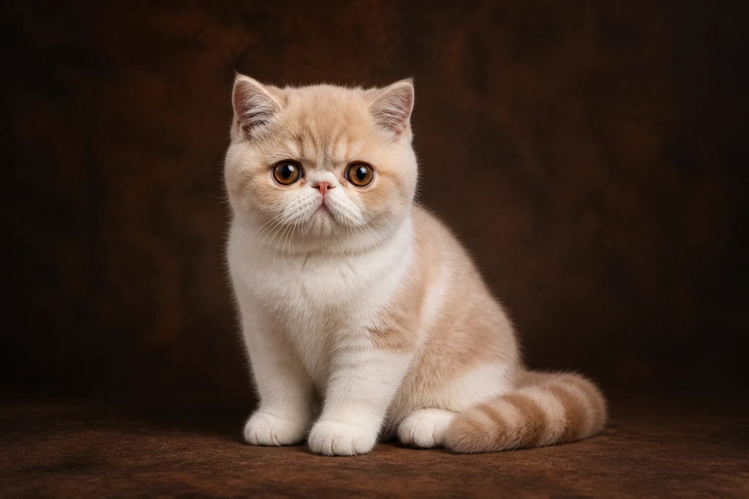 Exotic Shorthair kitten in a premium studio portrait — round face, cobby young body and plush short coat
