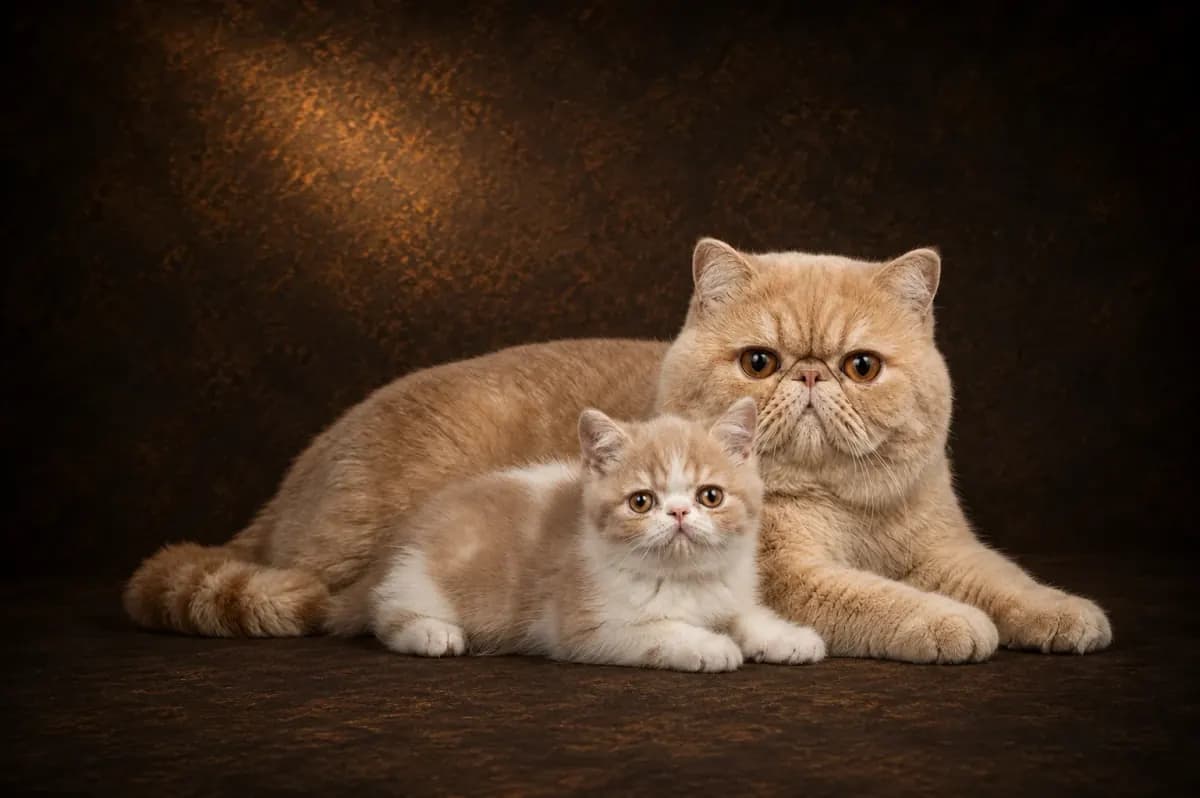 Adult Exotic Shorthair with kitten in a premium studio portrait — showing the breed's cobby body and plush short coat