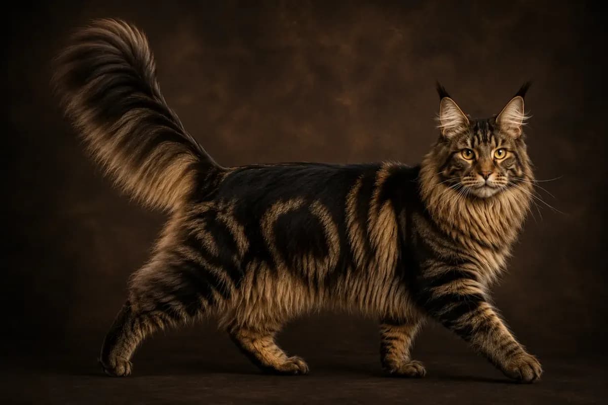 Full-body Maine Coon showing the breed's substantial frame and presence