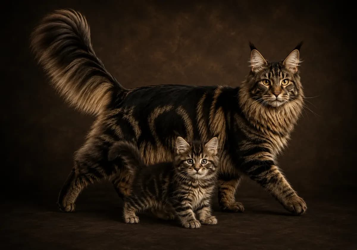 Adult Maine Coon with kitten in a premium studio portrait — showing the breed's substantial frame and gentle family nature