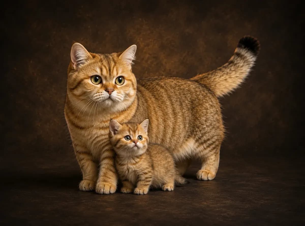 Adult Munchkin with kitten in a premium studio portrait — showing the breed's low agile silhouette and short legs