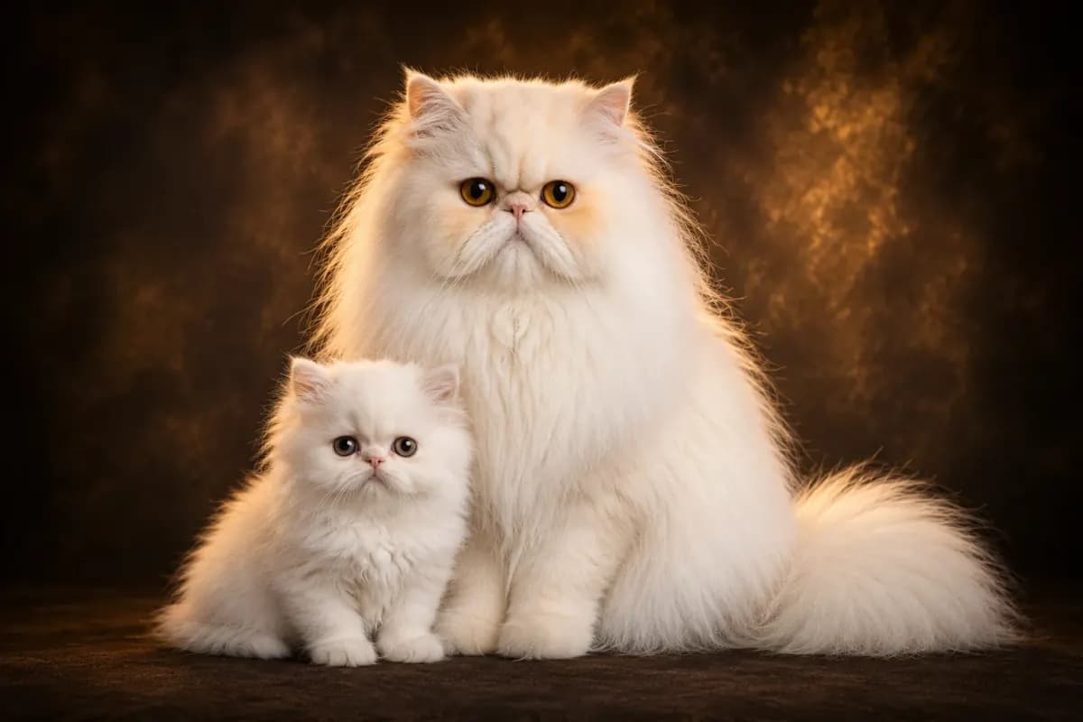Adult Persian with kitten in a premium studio portrait — showing the breed's composed silhouette and flowing coat