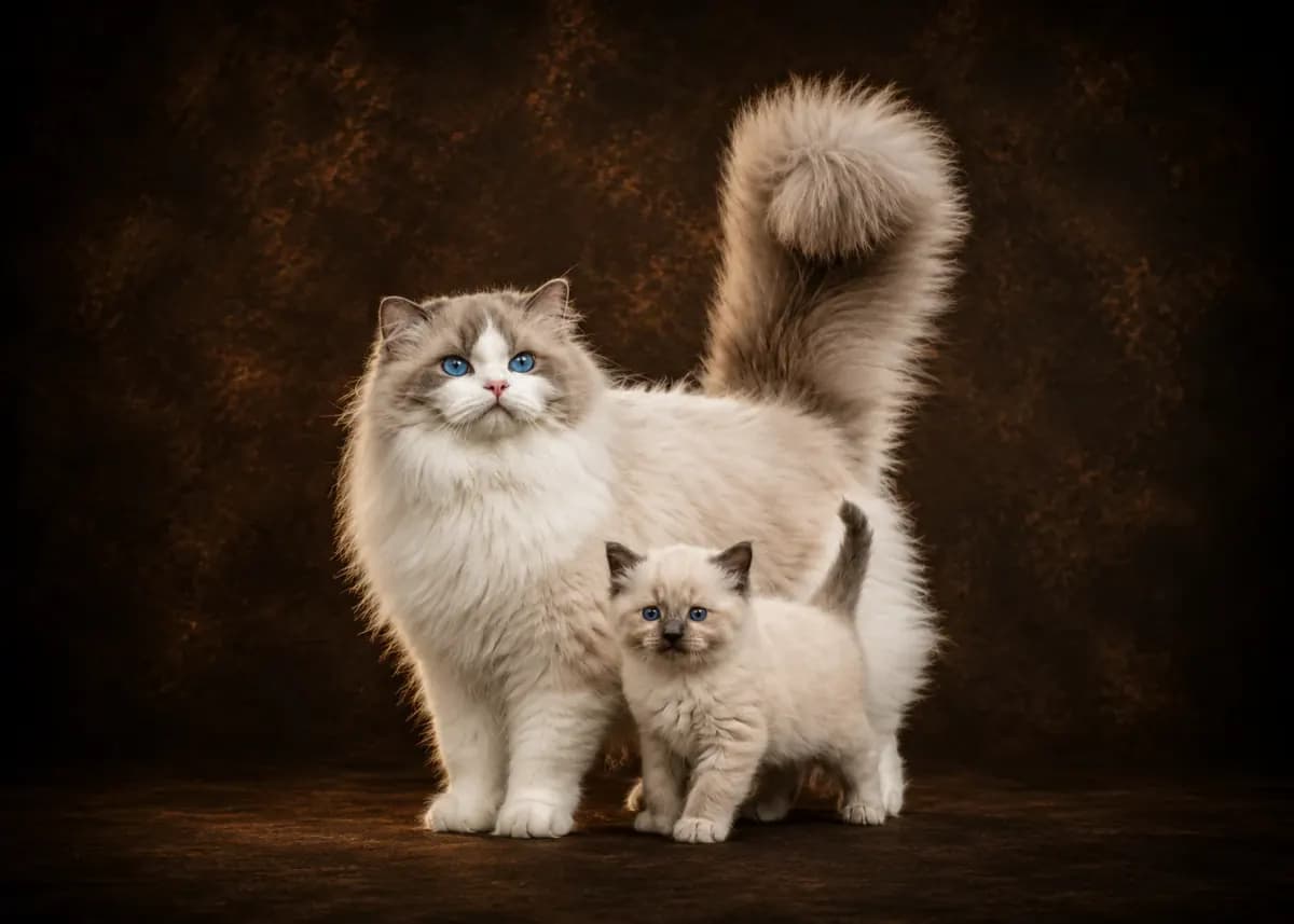 Adult Ragdoll with kitten in a premium studio portrait — showing the breed's elongated frame and gentle presence