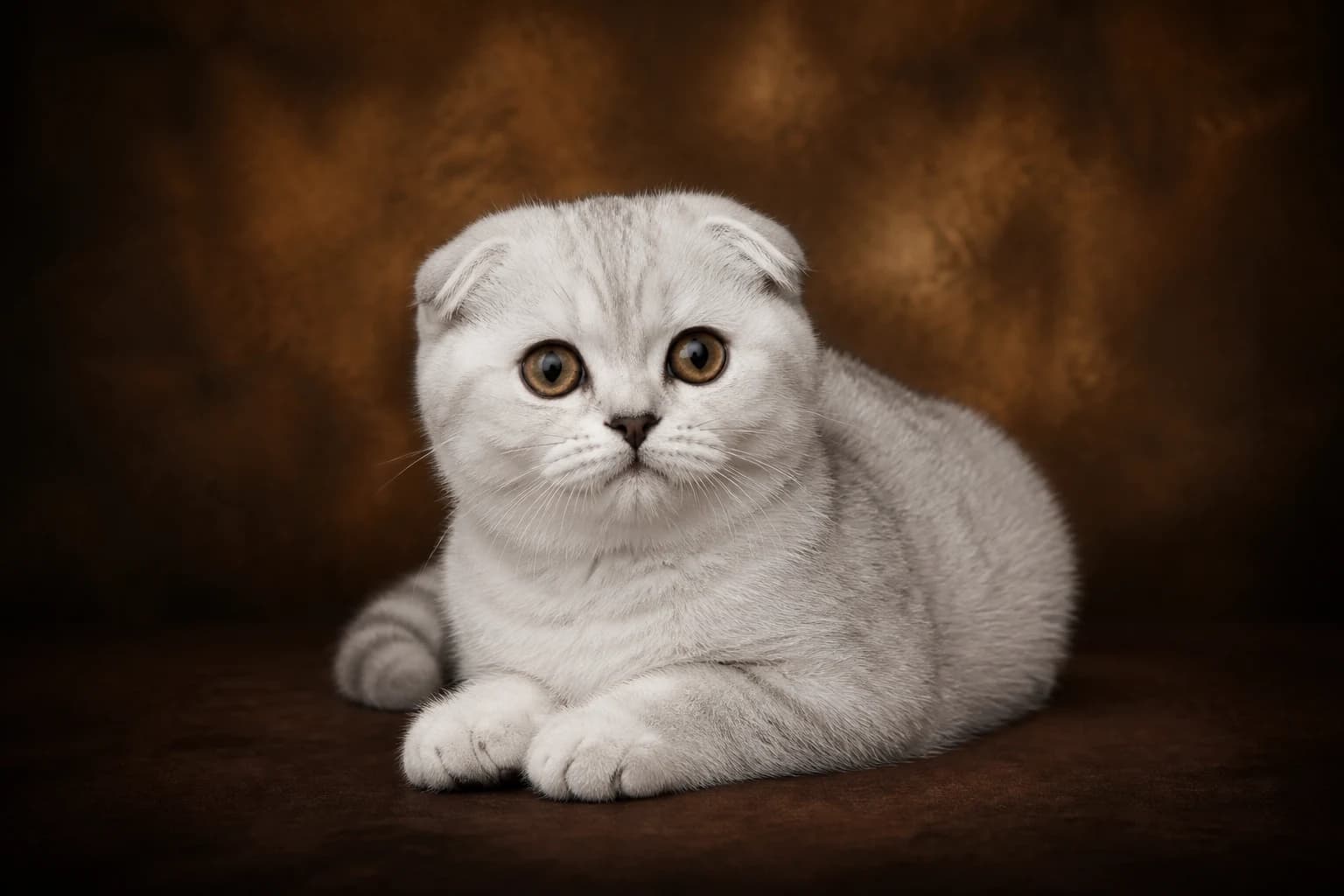Scottish Fold kitten in a premium studio portrait — folded ears, round eyes and plush silver coat