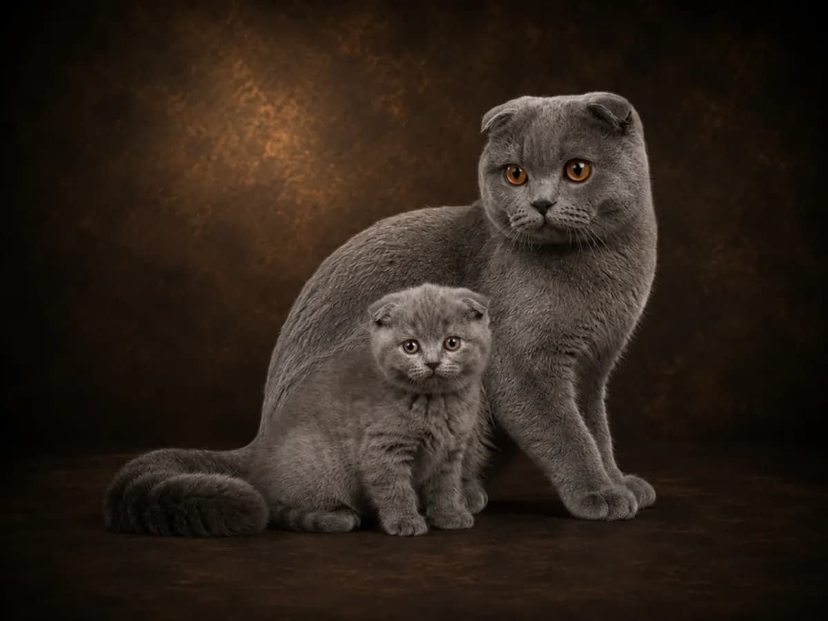 Adult Scottish Fold with kitten in a premium studio portrait — showing the breed's folded ears and rounded form