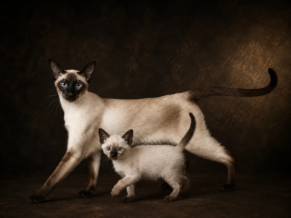 Adult Siamese with kitten in a premium studio portrait — showing the breed's slender frame and seal-point contrast