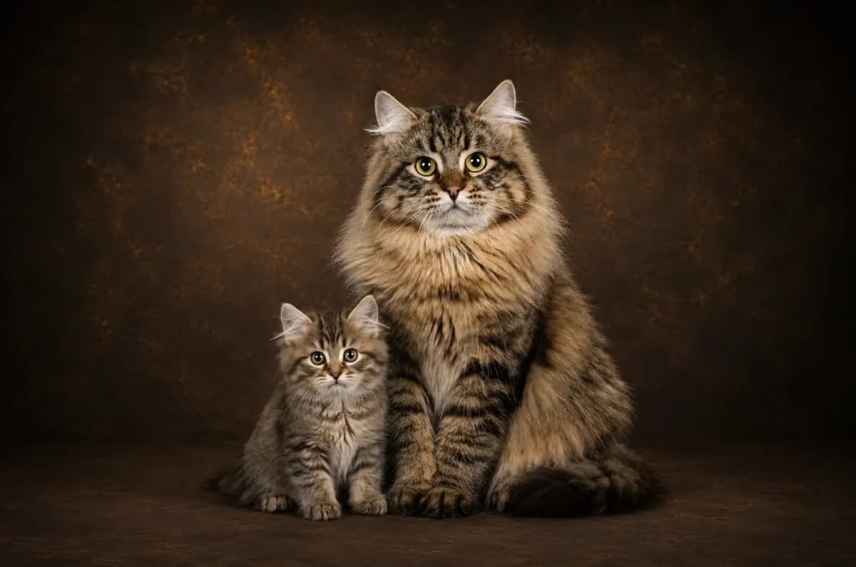 Adult Siberian with kitten in a premium studio portrait — showing the breed's substantial frame and triple coat