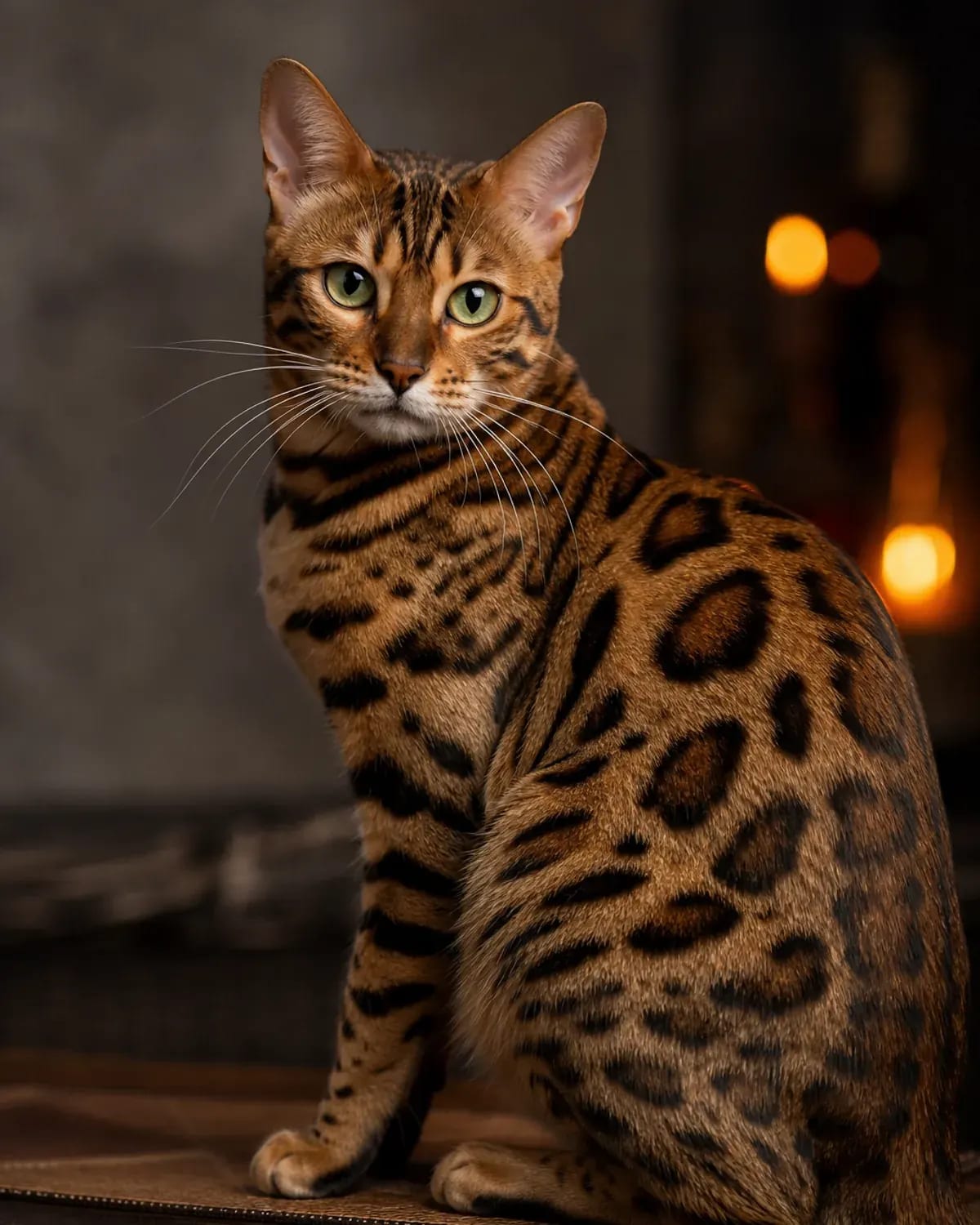 Bengal cat in a premium portrait — spotted rosetted coat, athletic build and vivid eyes