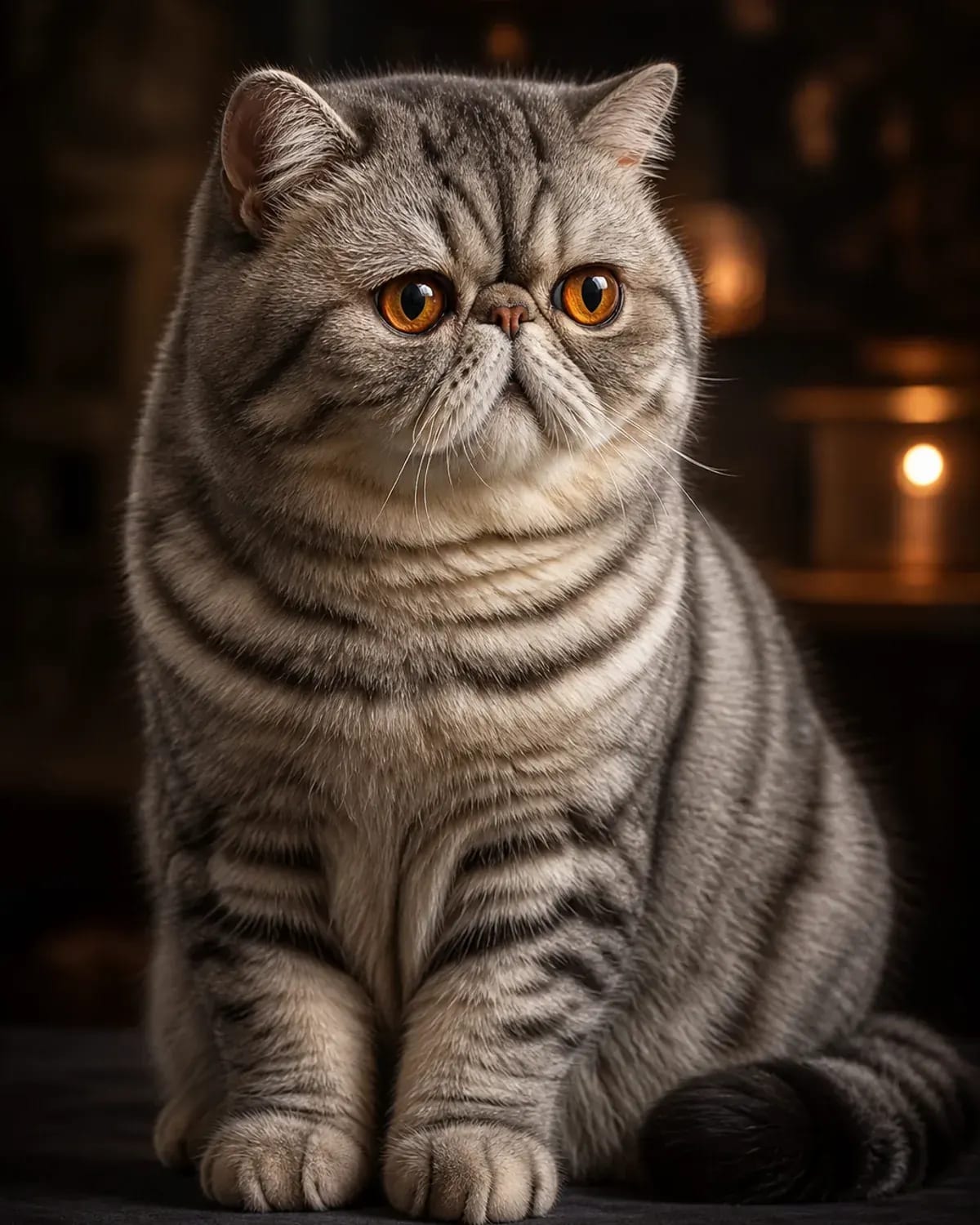Exotic Shorthair cat in a premium portrait — flat round face, dense plush coat and calm expression