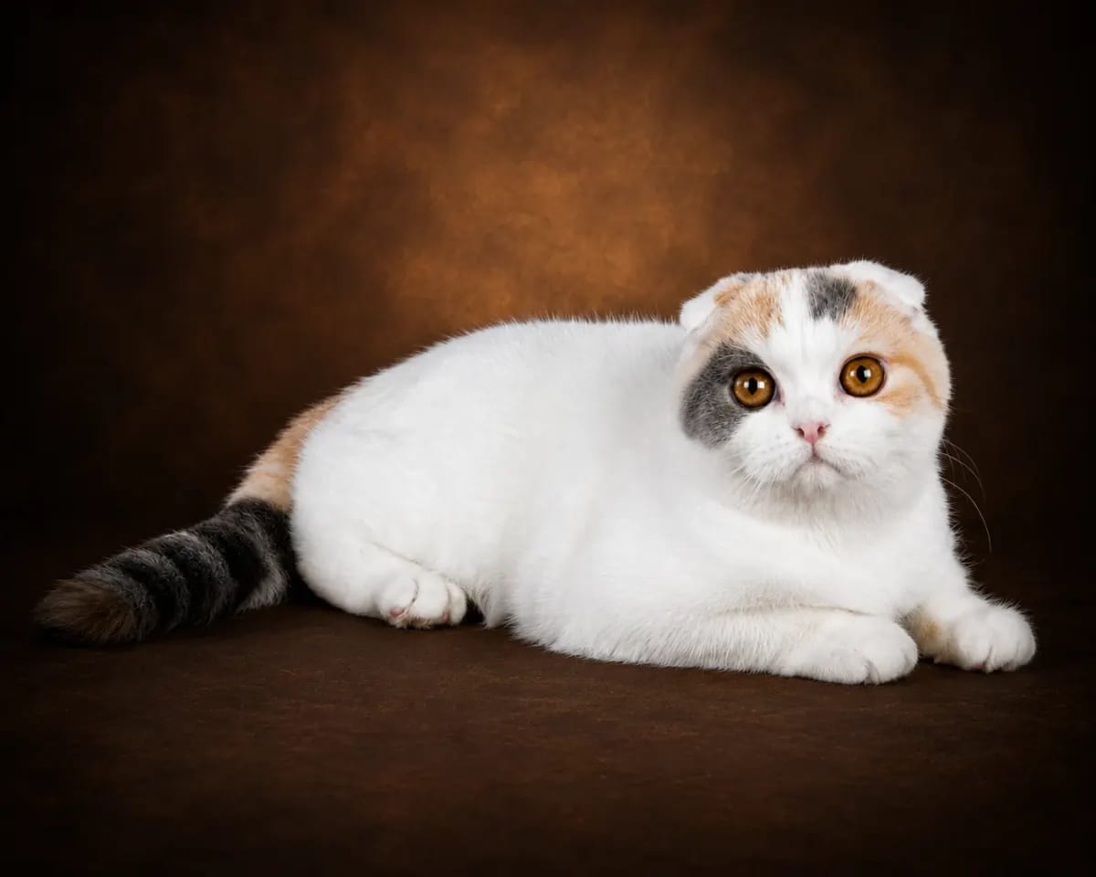 Scottish Fold cat in a premium portrait — folded ears, round eyes and plush coat