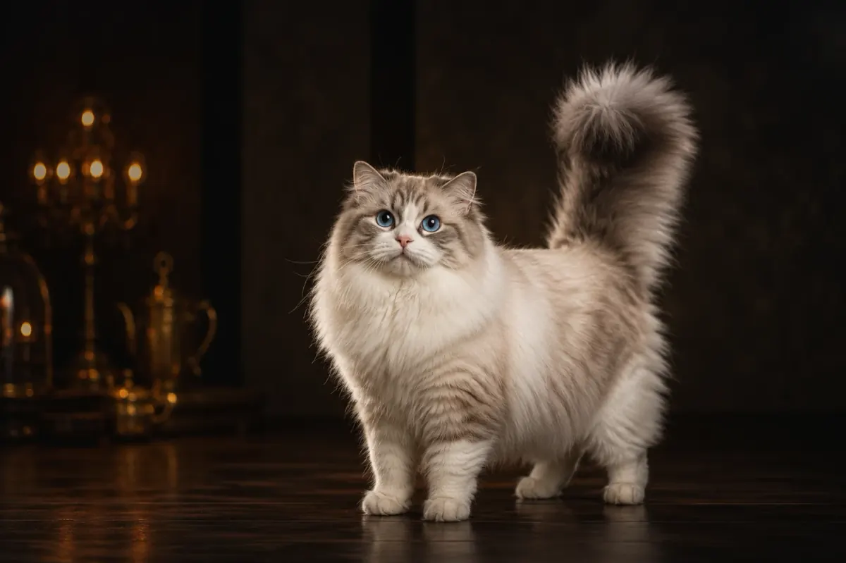 Siberian cat with a full triple coat in studio light
